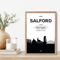 ARTZE Salford Black & White City Skyline Framed Print SIZE: A3 with Oak Frame - Size: A4 - thumbnail 2