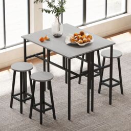 HOMCOM 6-Piece Bar Table Set, 2 Breakfast Tables with 4 Stools, Counter Height Dining Tables & Chairs for Kitchen, Living Room in Grey