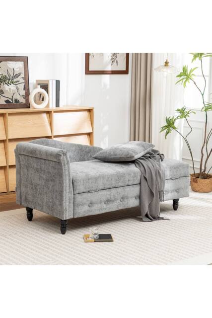 Living and Home Left Hand Facing Chenille Chaise Lounge with Storage and Pillow in Grey - image 1