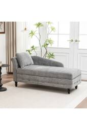 Living and Home Left Hand Facing Chenille Chaise Lounge with Storage and Pillow in Grey - thumbnail 2