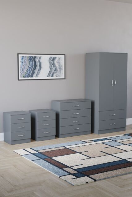 Home Discount Vida Designs Riano 4Pc Bedroom Set 3 Drawer Bedside, 5 Drawer Chest in Grey - image 1