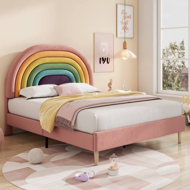 ModernLuxe Upholstered Kids Bed with Adjustable Headboard & Slatted Frame in Pink - Size: Double - image 1