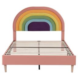ModernLuxe Upholstered Kids Bed with Adjustable Headboard & Slatted Frame in Pink - Size: Double - thumbnail 9