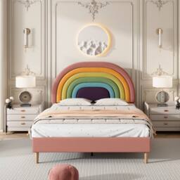 ModernLuxe Upholstered Kids Bed with Adjustable Headboard & Slatted Frame in Pink - Size: Double - thumbnail 3