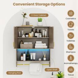 Costway Wall Mounted Bathroom Cabinet Medicine Cabinet w/ 3-Color Lights in Grey - thumbnail 6