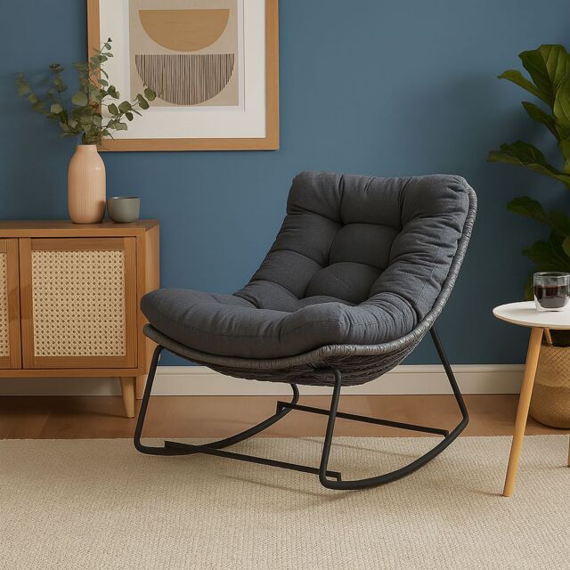 Home Republic Rocking Outdoor Garden Chair with Cushions & Stand in Brown Rattan Effect in Charcoal - Size: 26.4L
