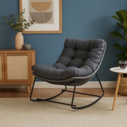 Home Republic Rocking Outdoor Garden Chair with Cushions & Stand in Brown Rattan Effect in Charcoal - Size: 26.4L