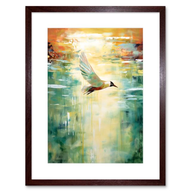 "Artery8 Wall Art Print Black Headed Gull Flying Over a Calm Sea at Sunset Artwork Framed 9X7 Inch in Brown - Size: W7"" x H9""" - image 1