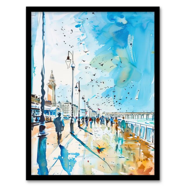 Artery8 Walk on the Promenade Watercolour Painting Framed Art Print in Blue - Size: A4 - image 1