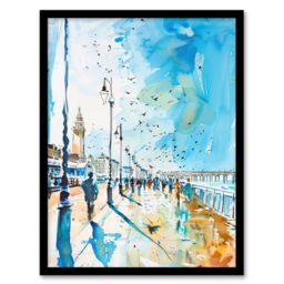 Artery8 Walk on the Promenade Watercolour Painting Framed Art Print in Blue - Size: A4 - thumbnail 1