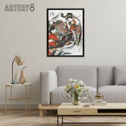 "Artery8 Mystical Bird Woman with Flute Framed Canvas Wall Art Print Hokusai in Red - Size: W12"" x H16""" - thumbnail 3