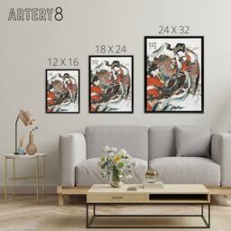 "Artery8 Mystical Bird Woman with Flute Framed Canvas Wall Art Print Hokusai in Red - Size: W12"" x H16""" - thumbnail 4