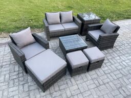Fimous Rattan Garden Furniture Patio Conservatory Sofa Set with Square Coffee Table Armchair 2 Seater Sofa 3 Footstools in Dark Grey - thumbnail 1