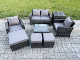 Fimous Rattan Garden Furniture Patio Conservatory Sofa Set with Square Coffee Table Armchair 2 Seater Sofa 3 Footstools in Dark Grey - thumbnail 2