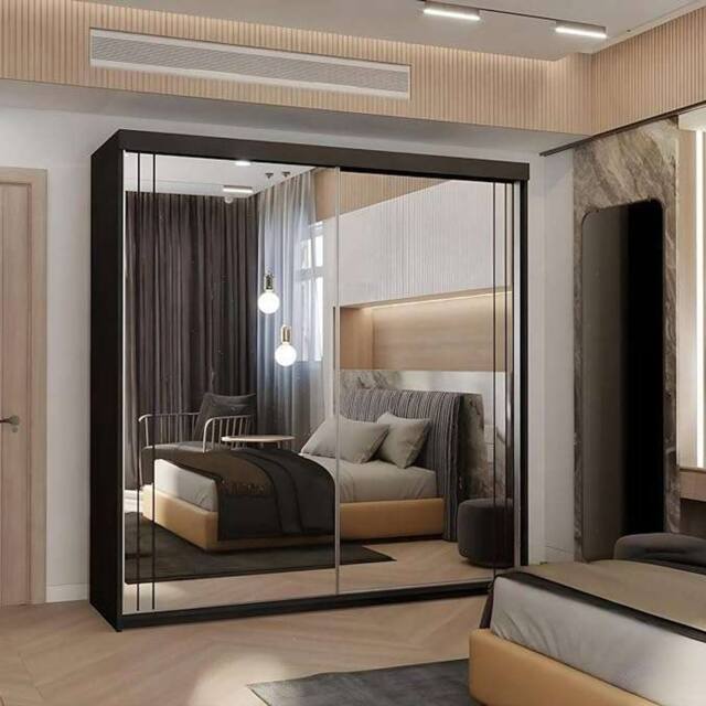 MN Furniture Sudan Sliding Mirror Wardrobe-LED Light W150cm x H217cm in Black - image 1