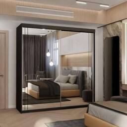MN Furniture Sudan Sliding Mirror Wardrobe-LED Light W150cm x H217cm in Black