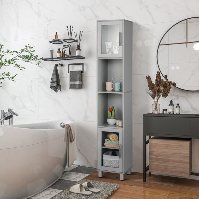 Costway Bathroom Tall Cabinet Slim Freestanding Storage Organizer Cupboard 2 Glass Doors in Grey - image 1