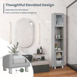 Costway Bathroom Tall Cabinet Slim Freestanding Storage Organizer Cupboard 2 Glass Doors in Grey - thumbnail 3