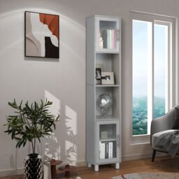Costway Bathroom Tall Cabinet Slim Freestanding Storage Organizer Cupboard 2 Glass Doors in Grey - thumbnail 2