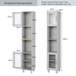 Costway Bathroom Tall Cabinet Slim Freestanding Storage Organizer Cupboard 2 Glass Doors in Grey - thumbnail 6