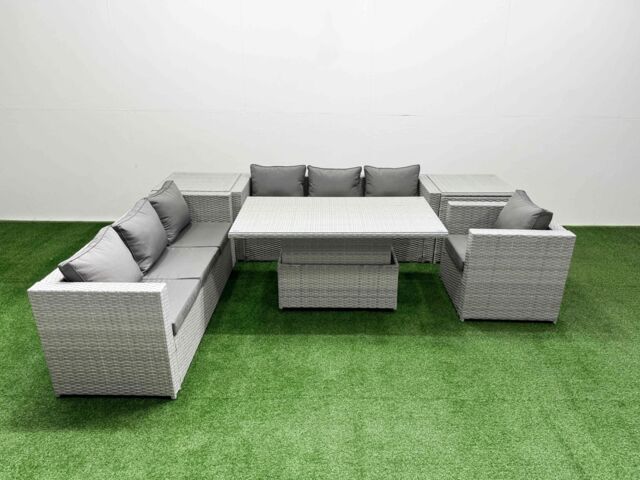 Fimous 6 PCs Rising Dining Table Set Rattan Furniture Set with 3 Seater Sofa in Light Grey - image 1
