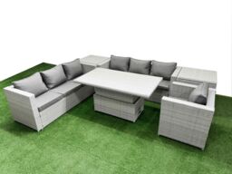 Fimous 6 PCs Rising Dining Table Set Rattan Furniture Set with 3 Seater Sofa in Light Grey - thumbnail 2