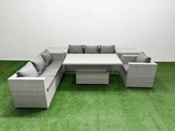 Fimous 6 PCs Rising Dining Table Set Rattan Furniture Set with 3 Seater Sofa in Light Grey - thumbnail 1