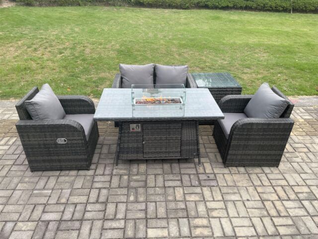 Fimous Rattan Outdoor Garden Furniture Set Gas Fire Pit Dining Table with Side Table Chair Loveseat Sofa in Dark Grey - image 1