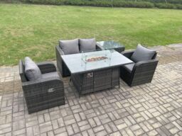 Fimous Rattan Outdoor Garden Furniture Set Gas Fire Pit Dining Table with Side Table Chair Loveseat Sofa in Dark Grey - thumbnail 2