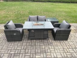 Fimous Rattan Outdoor Garden Furniture Set Gas Fire Pit Dining Table with Side Table Chair Loveseat Sofa in Dark Grey - thumbnail 1