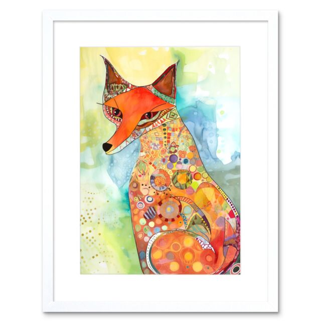 "Artery8 Wall Art Print Sitting Fox Folk Art Watercolour Painting Artwork Framed 9X7 Inch in White - Size: W7"" x H9""" - image 1