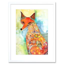 "Artery8 Wall Art Print Sitting Fox Folk Art Watercolour Painting Artwork Framed 9X7 Inch in White - Size: W7"" x H9""" - thumbnail 1