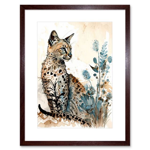 "Artery8 Wall Art Print Savannah Cat & Wildflowers Modern Watercolour & Ink Artwork Framed 9X7 Inch in Brown - Size: W7"" x H9""" - image 1