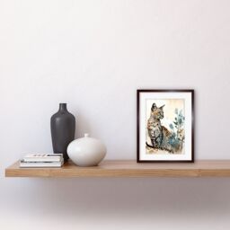 "Artery8 Wall Art Print Savannah Cat & Wildflowers Modern Watercolour & Ink Artwork Framed 9X7 Inch in Brown - Size: W7"" x H9""" - thumbnail 2