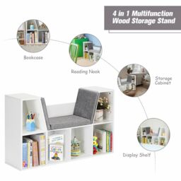 Gymax Storage Shelf Bookcase Cube Organizer Cabinet With Seat Cushion in White - thumbnail 5