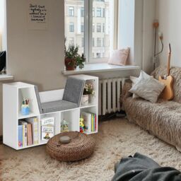 Gymax Storage Shelf Bookcase Cube Organizer Cabinet With Seat Cushion in White - thumbnail 9