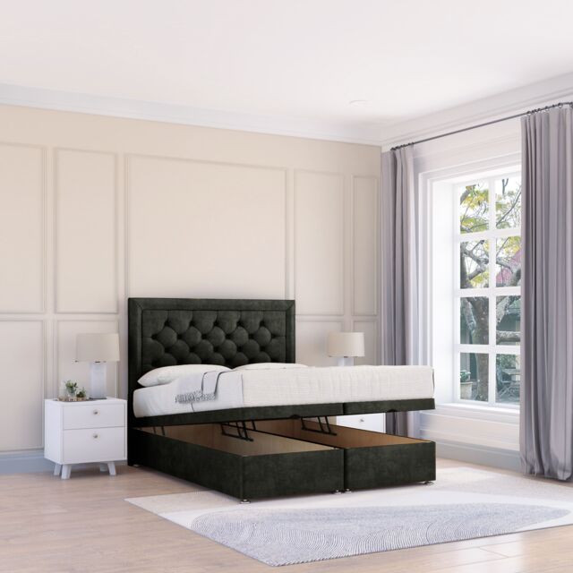 Sloomy Montana Dumfries Fabric Ottoman Bed End Opening With Sprung Memory Mattress & 26 Inch strut Headboard in Black - Size: King - image 1
