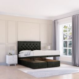 Sloomy Montana Dumfries Fabric Ottoman Bed End Opening With Sprung Memory Mattress & 26 Inch strut Headboard in Black - Size: King - thumbnail 1