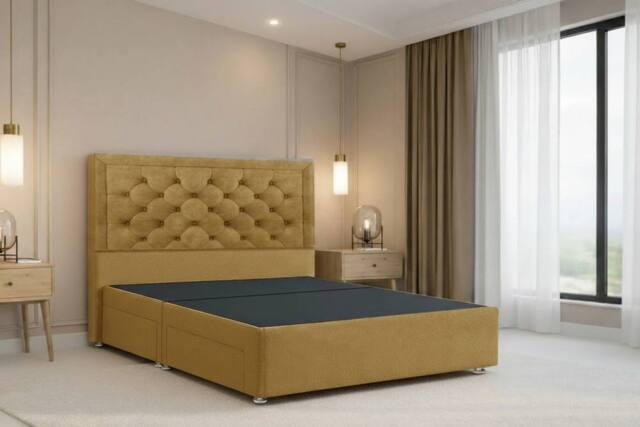 "Nexus Mattresses Ltd Tuscany Plush Divan Bed Base No Drawers - 54"" Headboard in Mustard - Size: Small Single" - image 1