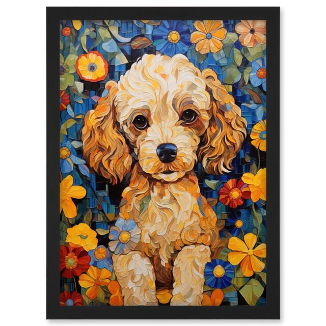 Artery8 Wall Art Print Cockapoo Puppy Oil Painting Colourful Bright Bold Floral Fun Artwork Framed A4 in Black - image 1