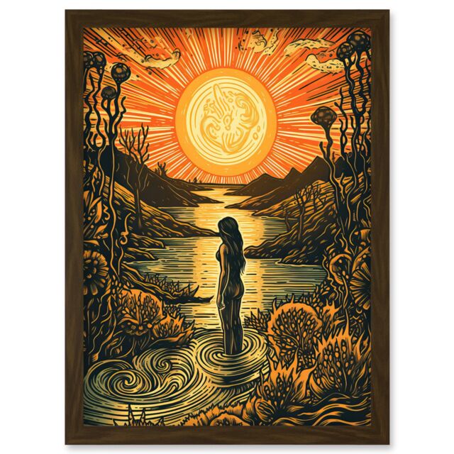 Artery8 Woman Bathing in Creek at Sunset Modern Linocut Artwork Framed Wall Art Print A4 in Brown - image 1