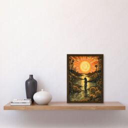 Artery8 Woman Bathing in Creek at Sunset Modern Linocut Artwork Framed Wall Art Print A4 in Brown - thumbnail 2