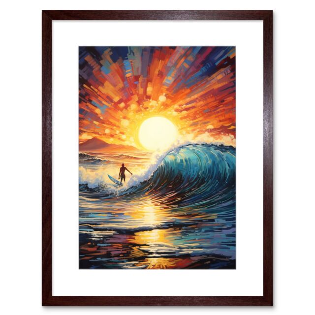 Artery8 Wall Art Print Sunset Surf Waves Surfing Artwork Vibrant Blue Purple Orange Setting Sun Behind Surfer in Wavy Seascape Artwork Framed 9X7 - image 1