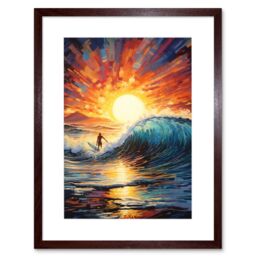Artery8 Wall Art Print Sunset Surf Waves Surfing Artwork Vibrant Blue Purple Orange Setting Sun Behind Surfer in Wavy Seascape Artwork Framed 9X7 - thumbnail 1