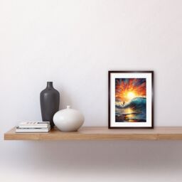 Artery8 Wall Art Print Sunset Surf Waves Surfing Artwork Vibrant Blue Purple Orange Setting Sun Behind Surfer in Wavy Seascape Artwork Framed 9X7 - thumbnail 2
