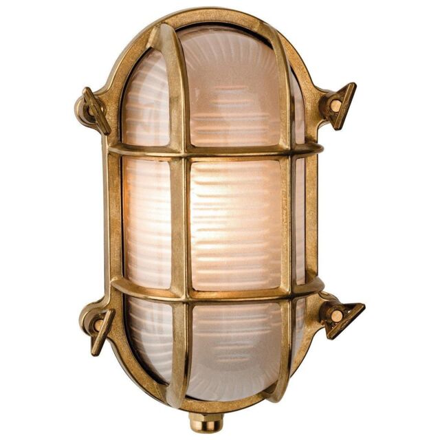Netlighting Nautic 1 Light Outdoor Bulkhead Wall Flush Light Brass Frosted Glass IP64 E27 in Gold