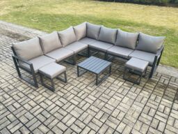 Fimous Outdoor Garden Furniture Patio Lounge Corner Sofa Aluminium Set with Square Coffee Table 2 Small Footstools Dark Grey - thumbnail 1