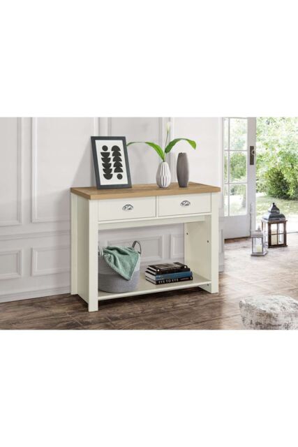 Birlea Console Table Blue & Oak Highgate 2 Drawer Farmhouse Shabby Chic in Cream - image 1
