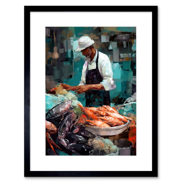 "Artery8 Wall Art Print Market Fishmonger Selling Fresh Catch Seafood Artwork Framed 9X7 Inch in Black - Size: W7"" x H9""" - image 1