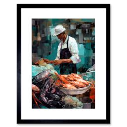 "Artery8 Wall Art Print Market Fishmonger Selling Fresh Catch Seafood Artwork Framed 9X7 Inch in Black - Size: W7"" x H9""" - thumbnail 1